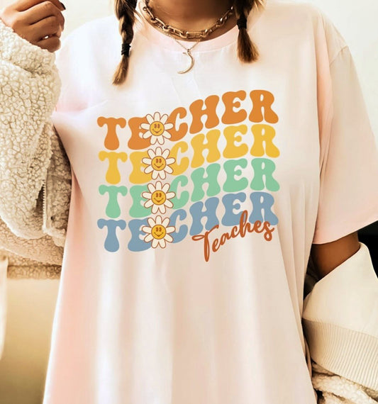 Teacher (Wavy Stacked) Teaches T-Shirt or Crew Sweatshirt