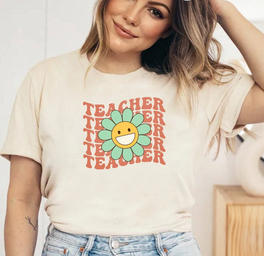 Teacher (Stacked) With Smiley Flower Tee