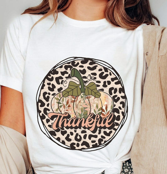 Thankful With Pumpkin In Cheetah Print Circle Tee