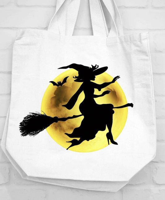 Witch Flying On Broom Silhouette In Front Of Moon Canvas Bag