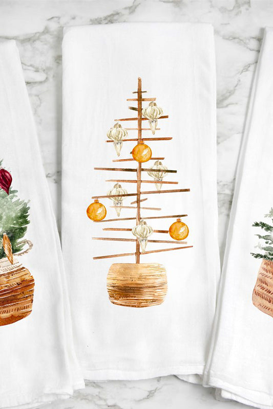 Wood Christmas Tree With White & Gold Ornaments Tea Towel