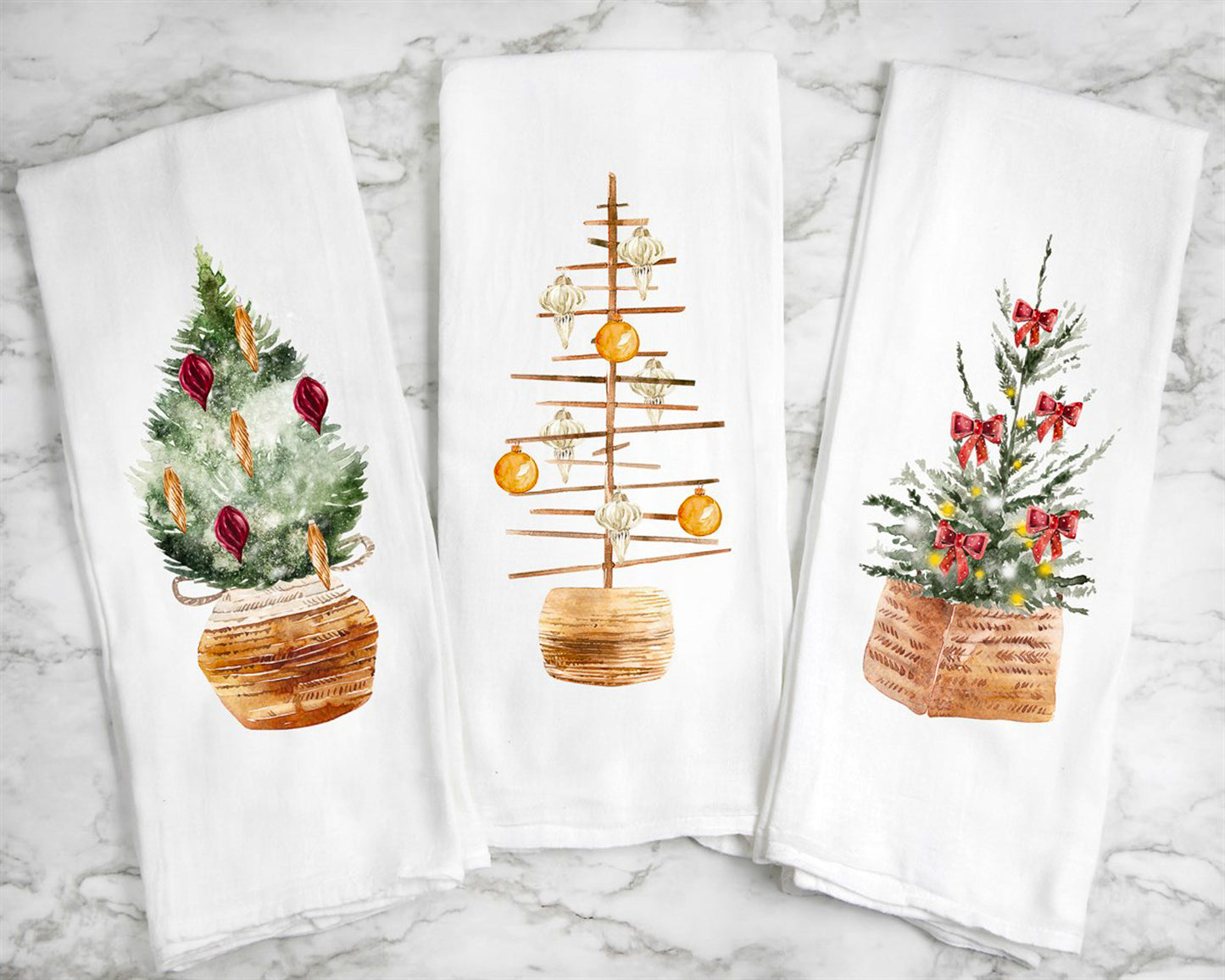 Wood Christmas Tree With White & Gold Ornaments Tea Towel