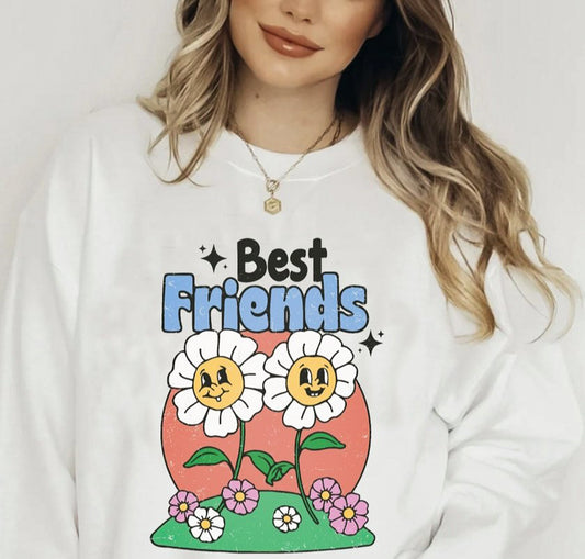 Best Friends Cartoon Flowers Crew Sweatshirt