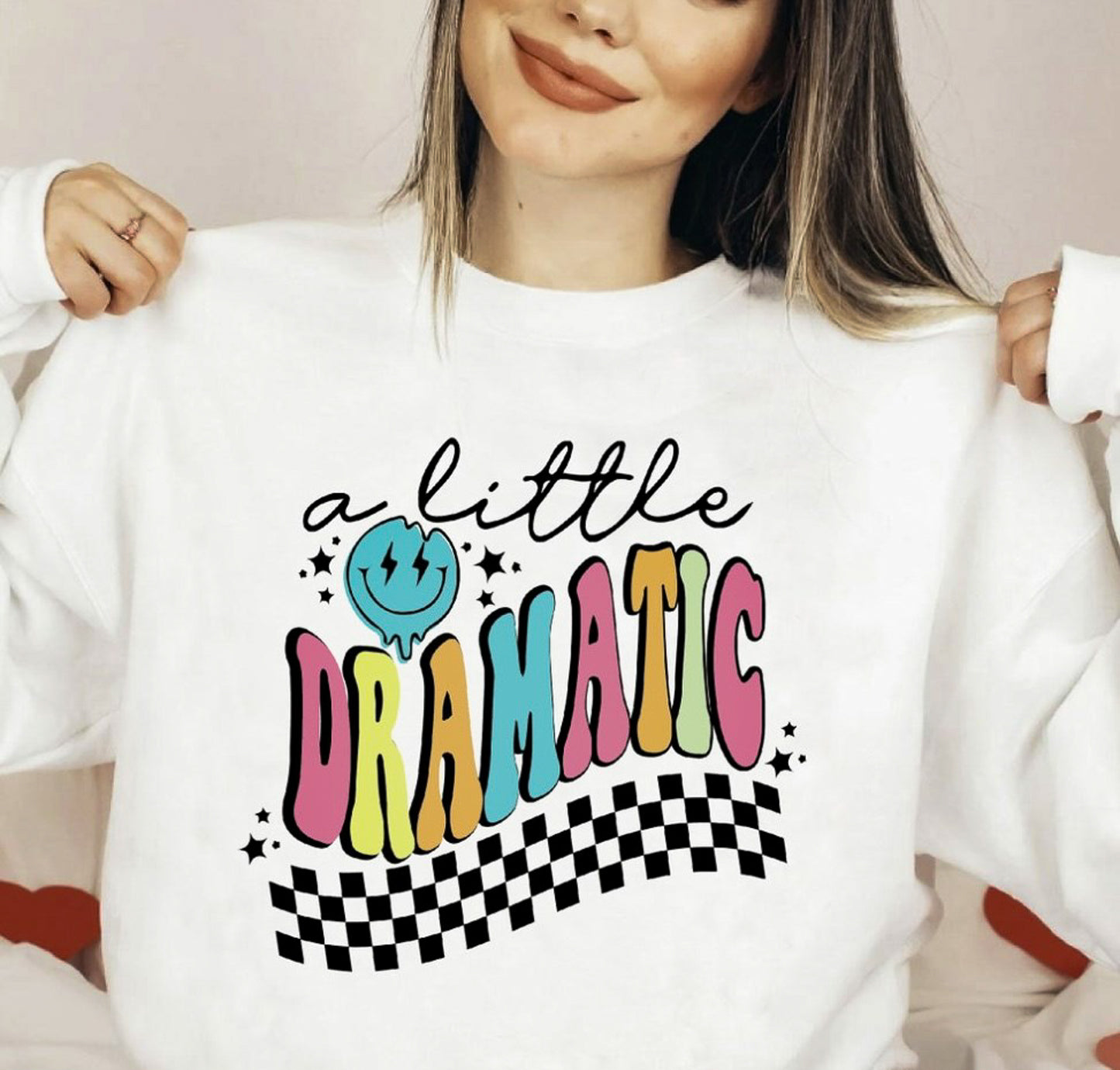 A Little Dramatic Smiley Face & Checkered Bottom Crew Sweatshirt