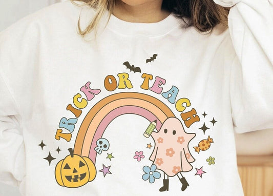 Trick Or Teach Rainbow Ghost & Pumpkin Crew Sweatshirt