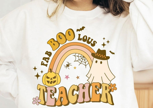 Fab Boo Lous Teacher Rainbow Jack-O-Lantern & Ghost Crew Sweatshirt