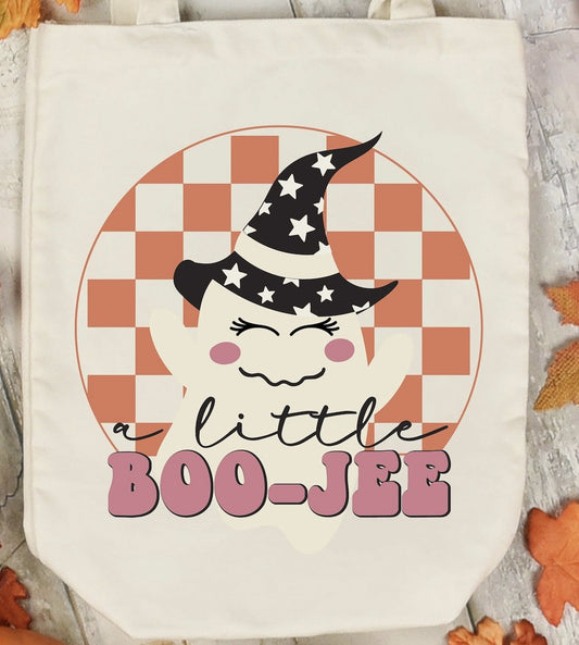 Little Boo-Jee Ghost With Witch Hat In Checkered Circle Tote Bag