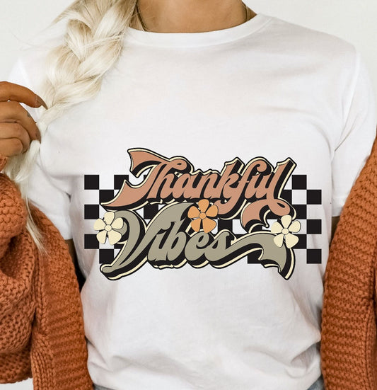 Thankful Vibes Checkered Background Retro Tee