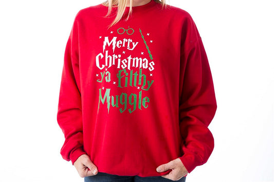Merry Christmas Ya Filthy Muggle Wand & Glasses Crew Sweatshirt