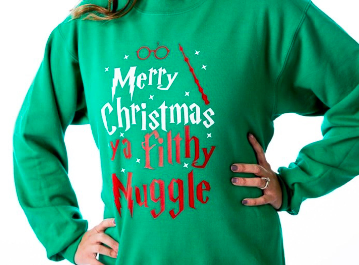 Merry Christmas Ya Filthy Muggle Wand & Glasses Crew Sweatshirt