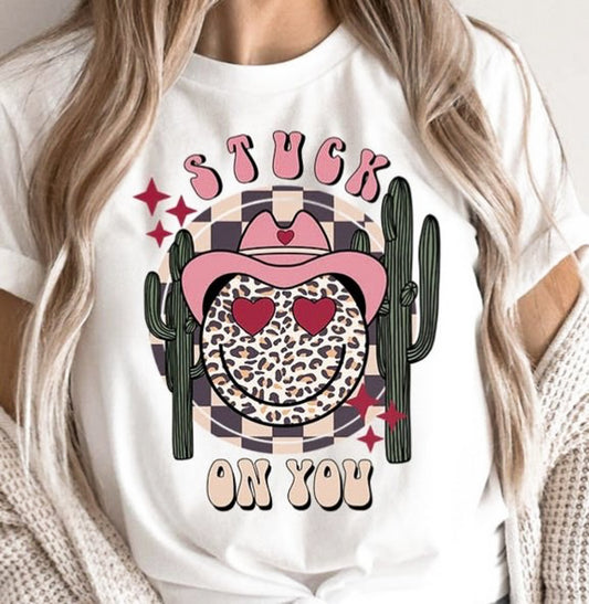 Stuck On You Heart Eyed Smiley With Cowgirl Hat Tee