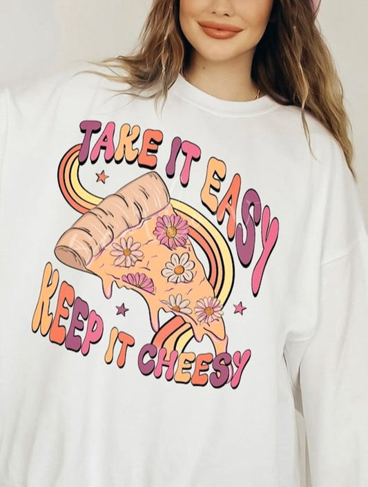 Take It Easy Keep It Cheesy Floral Pizza Crew Sweatshirt