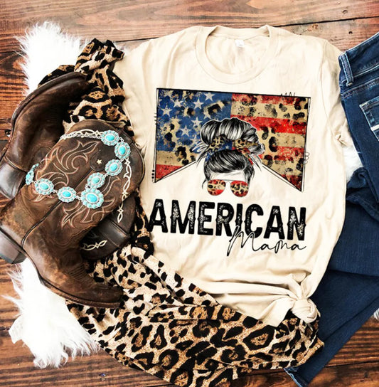 American Mama Leopard Print Flag T-Shirt or Crew Sweatshirt