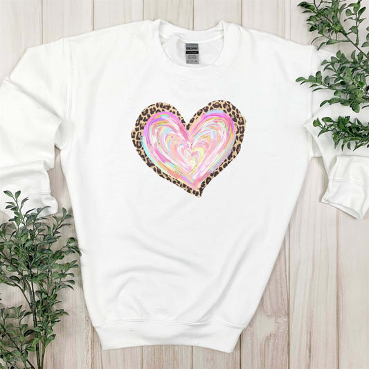 Watercolor Heart With Leopard Print Outline Crew Sweatshirt