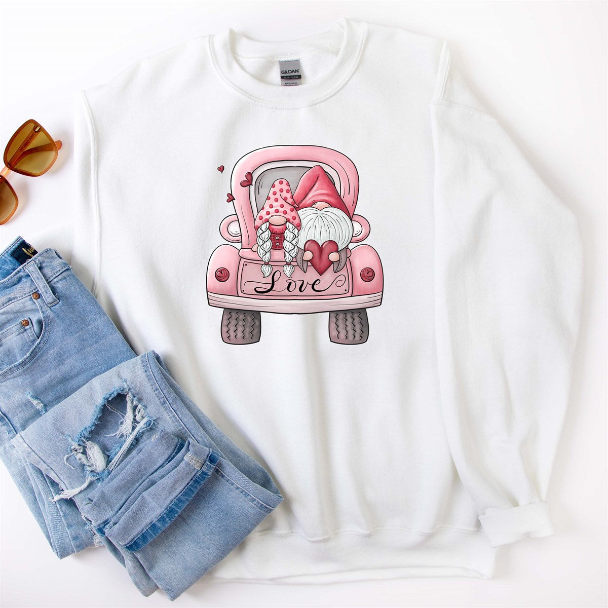 Valentines Gnomes Love Truck Crew Sweatshirt