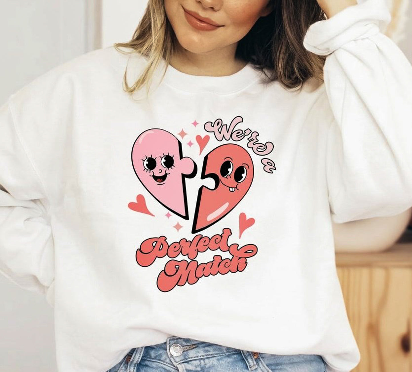We're A Perfect Match 2 Heart Pieces Crew Sweatshirt