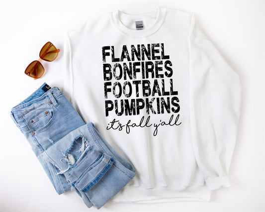 Flannels Bonfires Football Pumpkins It's Fall Ya'll Crew Sweatshirt