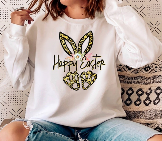 Happy Easter With Cheetah Print Crew Sweatshirt