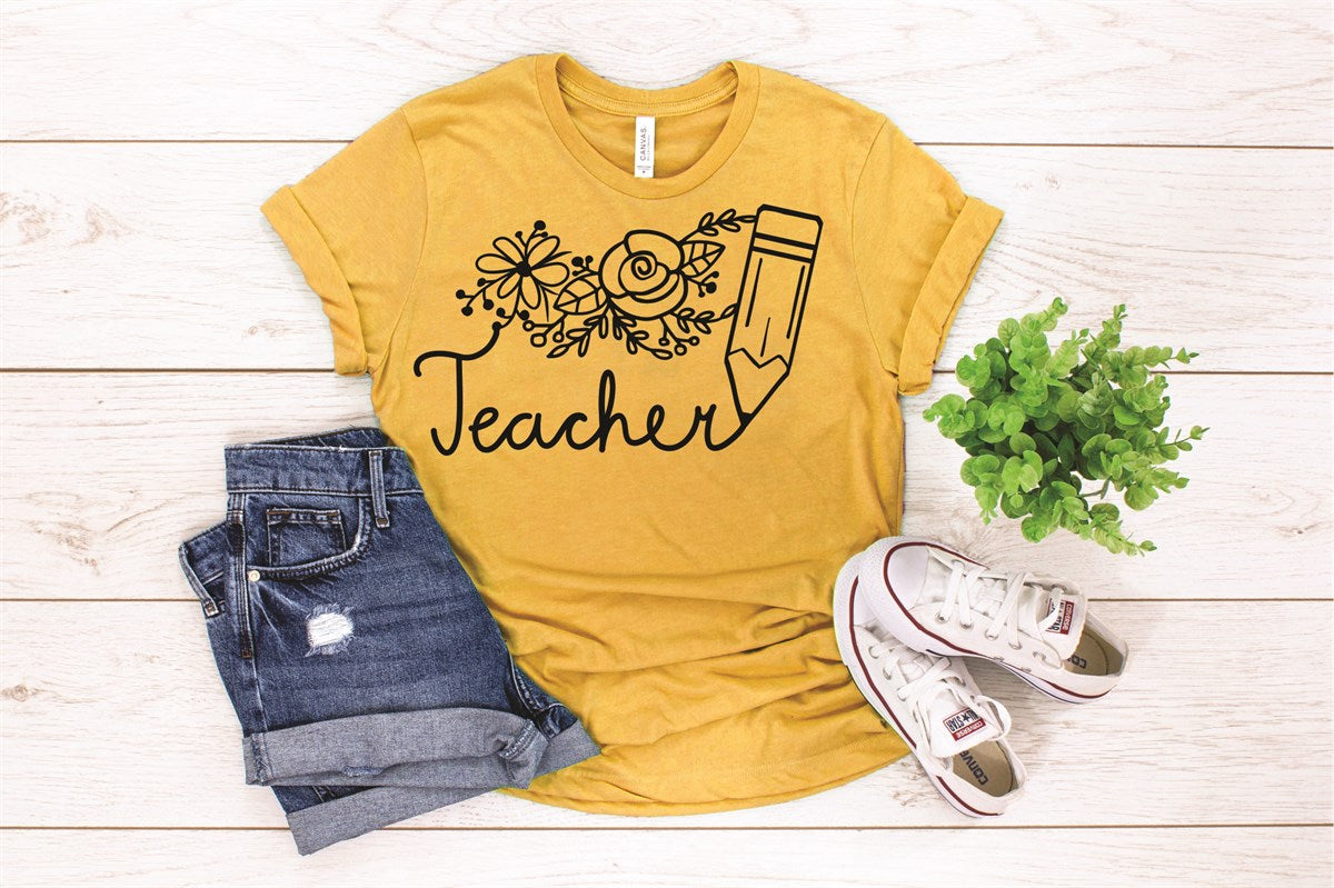 Teacher With Flowers & Pencil Tee