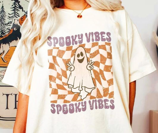 *Spooky Vibes Ghost With Checkered Background T-Shirt or Crew Sweatshirt