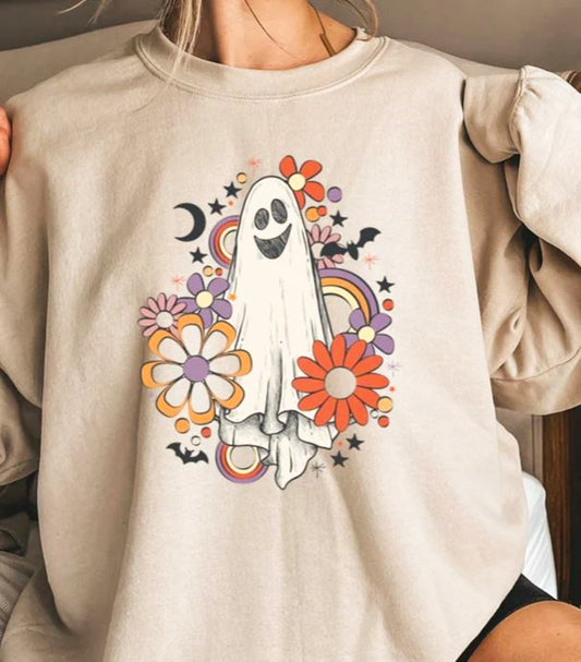 Ghost With Flowers & Rainbows Crew Sweatshirt