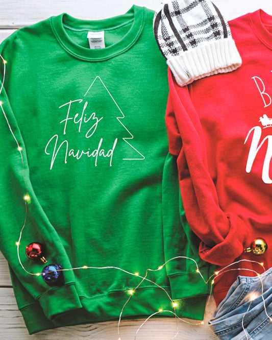 Feliz Navidad With Tree Outline Crew Sweatshirt