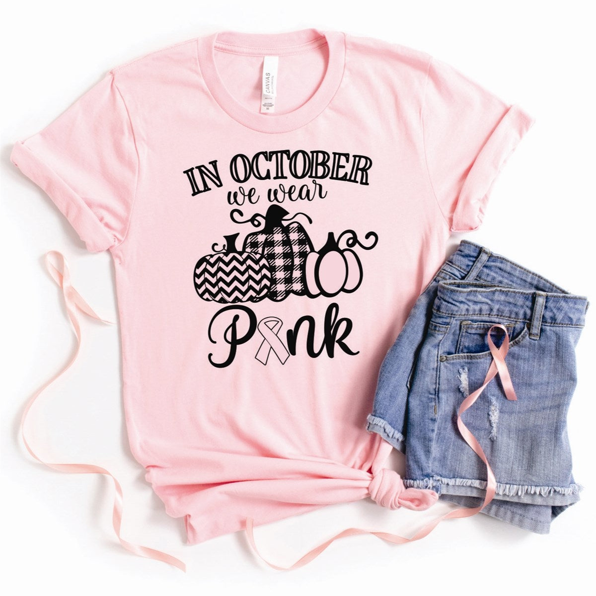 In October We Wear Pink With 3 Pumpkins Tee