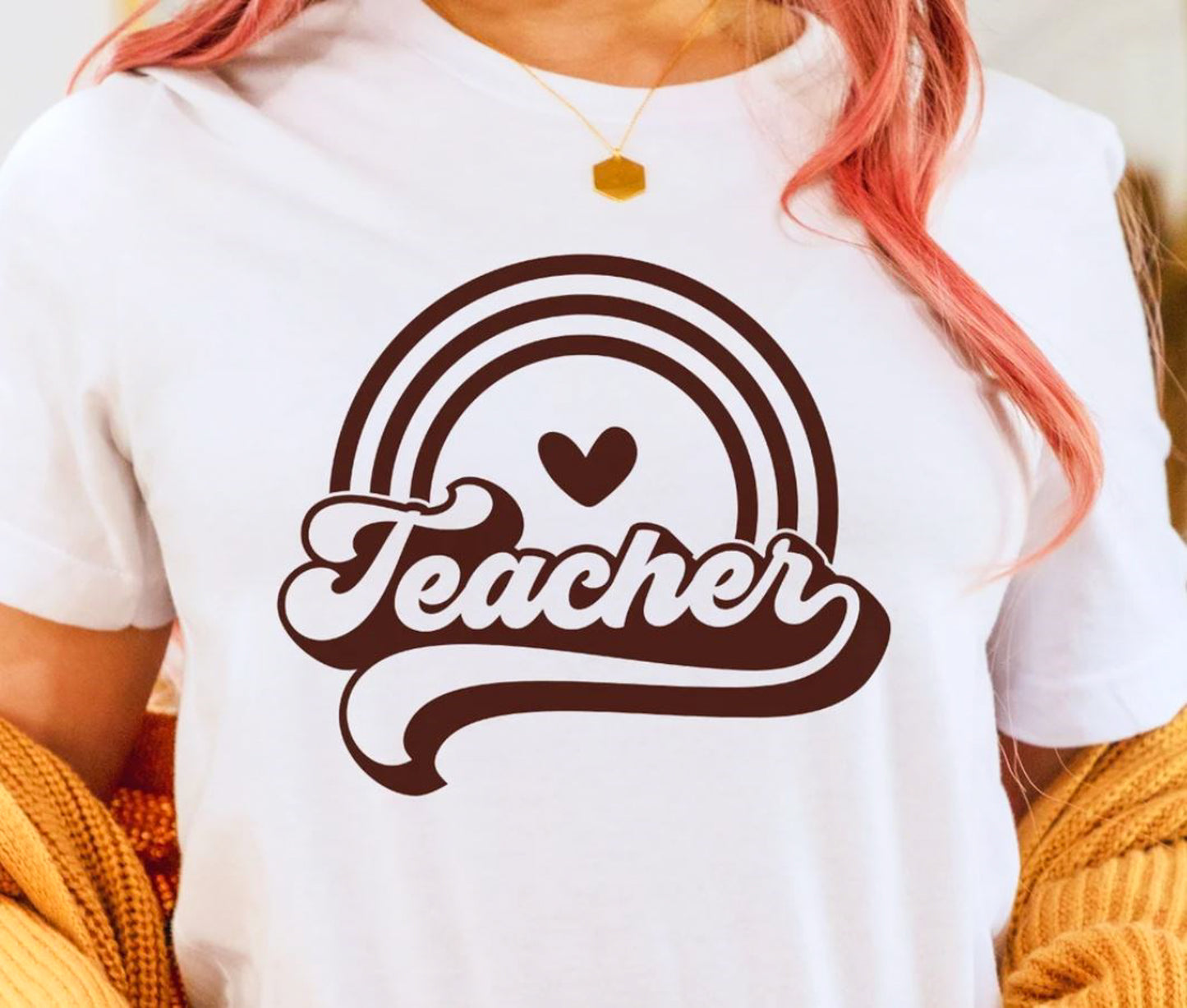 Retro Teacher With Heart & Rainbow Tee