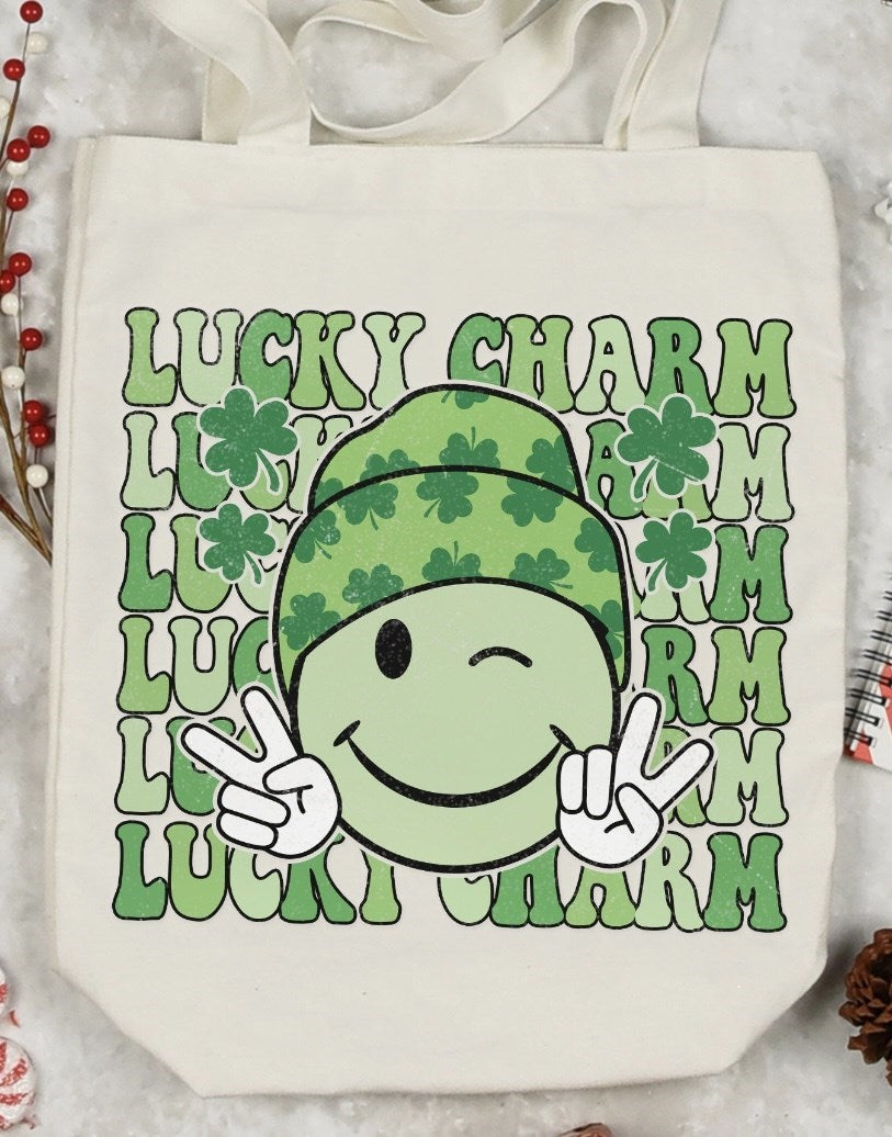 Lucky Charm (Stacked) With Smiley Wearing Beanie Canvas Bag