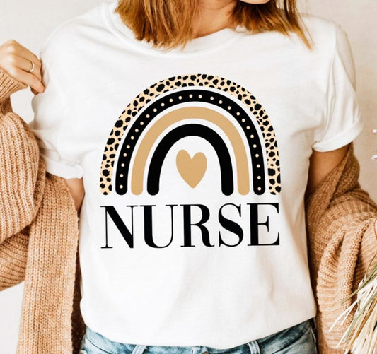 Nurse With Cheetah Print Rainbow Tee