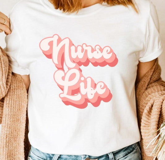 Retro Pink Print Nurse Life Tee