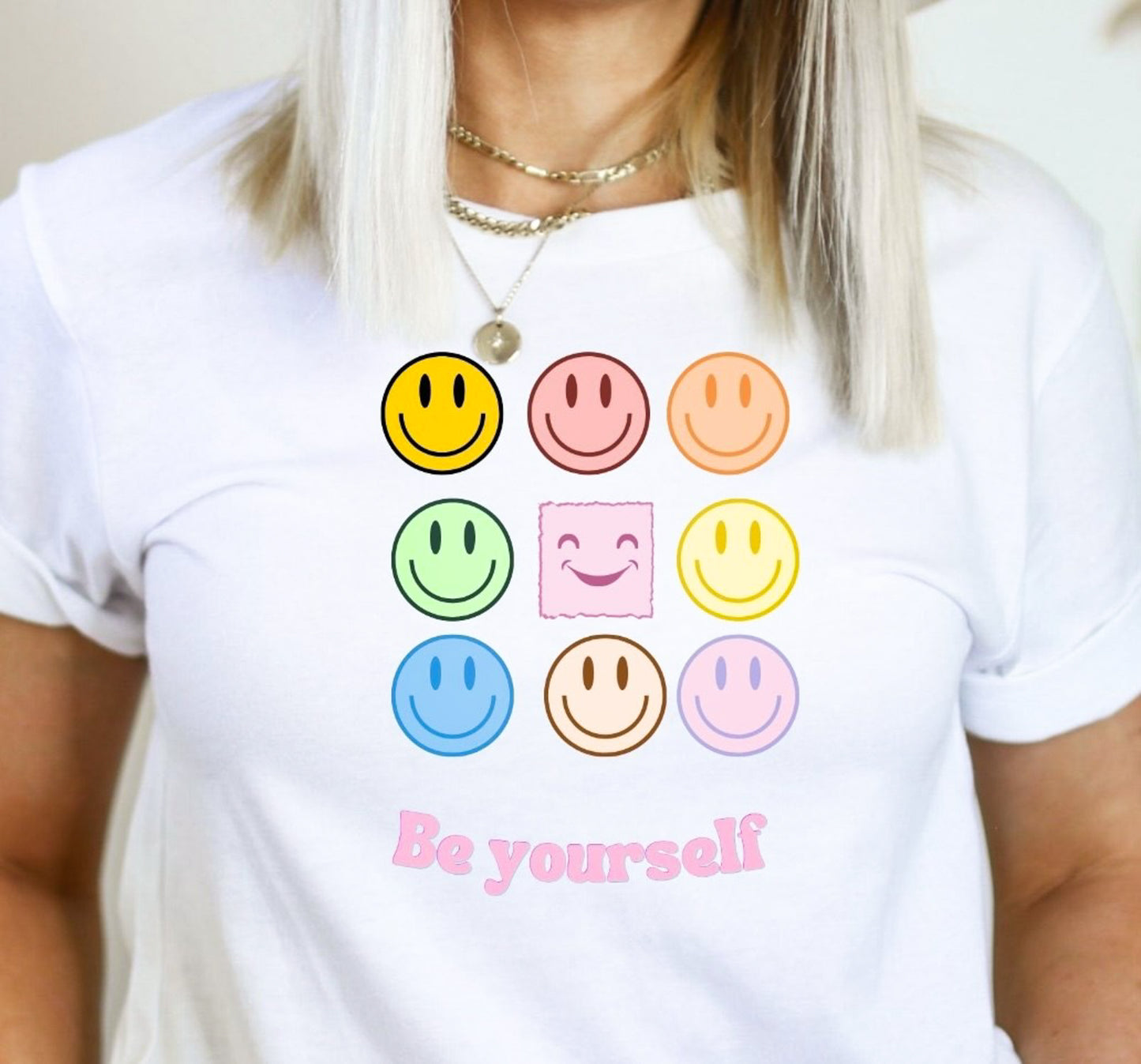 Be Yourself Stacked Smiley Face Tee