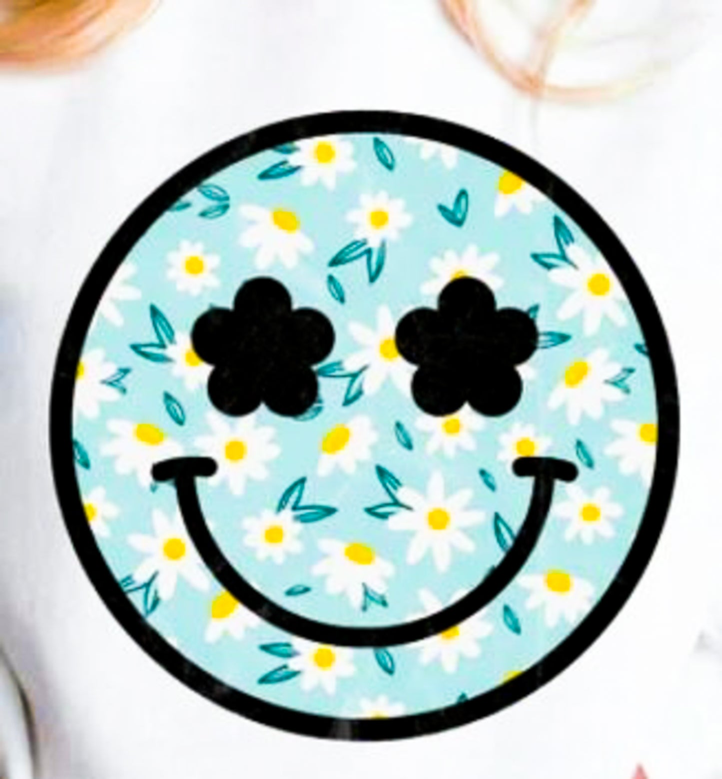 Flower Eyes Blue Smiley Face With White Flowers Tee