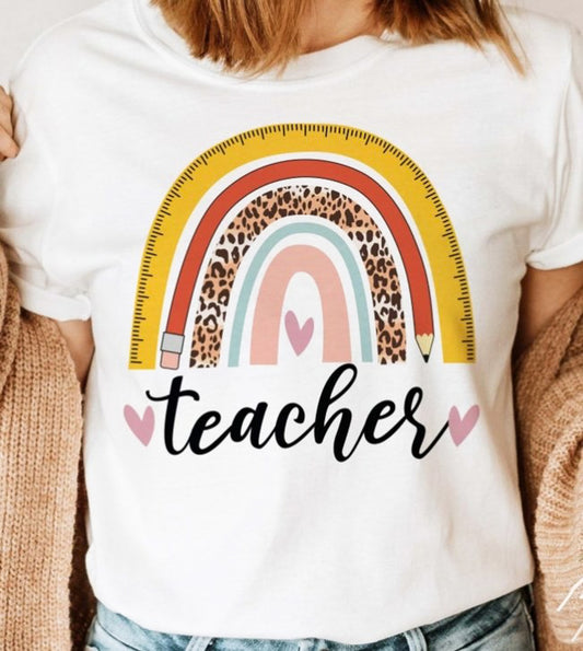 Teacher Ruler & Pencil Rainbow Tee
