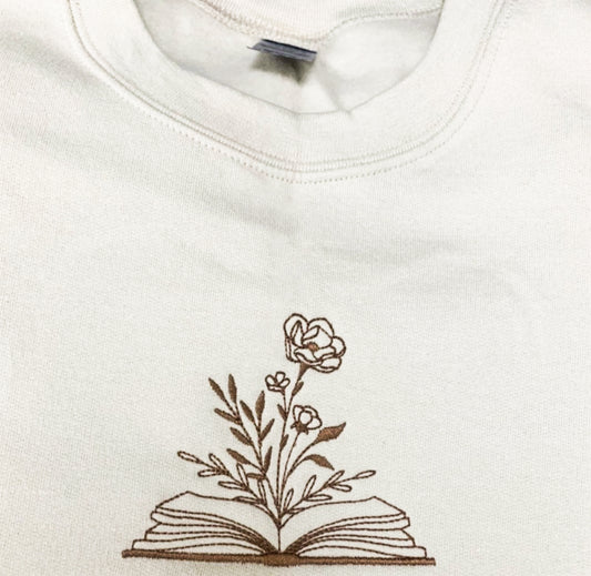 Open Book With Flowers Embroidered Crew Sweatshirt