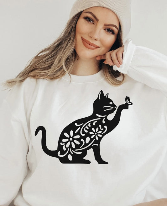Cat Floral Silhouette Crew Sweatshirt
