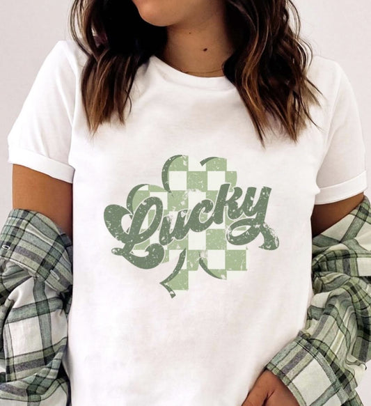Lucky With Checkered Shamrock Tee