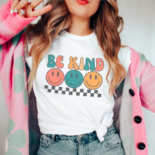 *Be Kind With 3 Smiley Faces Checkered T-Shirt or Crew Sweatshirt