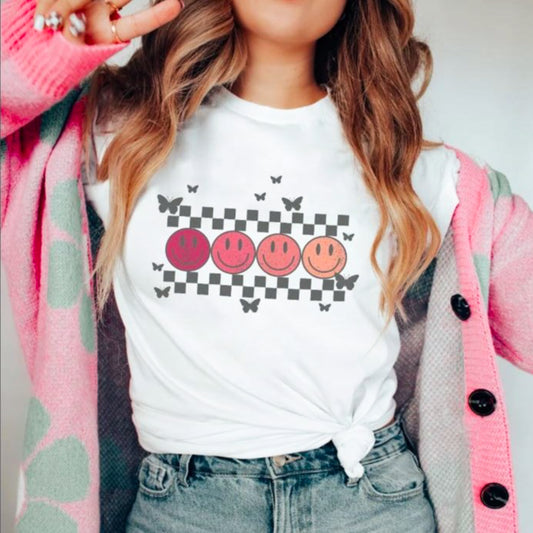 4 Smiley Faces With Checkered Background & Butterflies Tee
