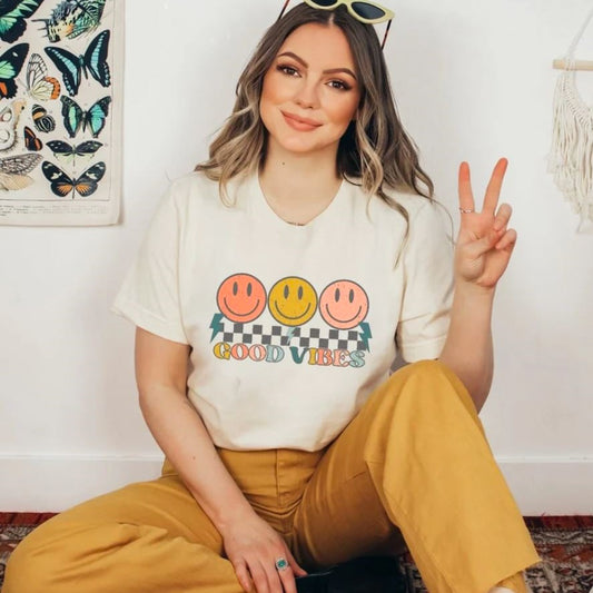 Good Vibes With 3 Smiley Faces & Checkered Tee