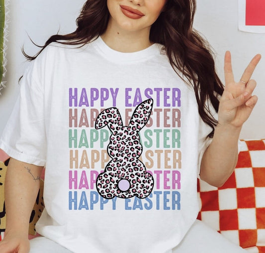 Happy Easter (Stacked) With Cheetah Print Bunny Tee
