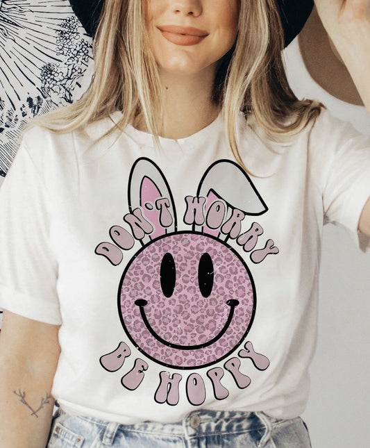 Don't Worry Be Hoppy With Cheetah Print Smiley Tee