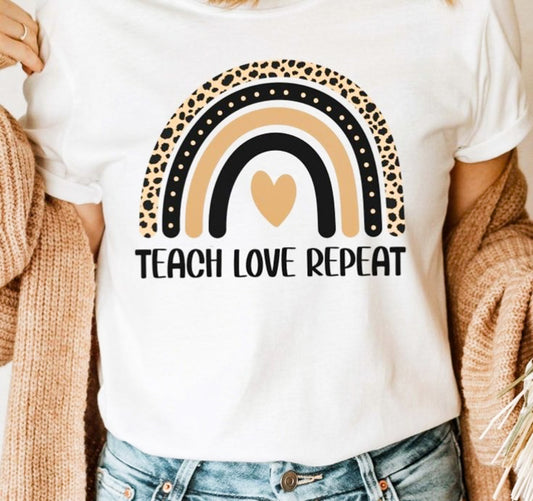 Teach Love Repeat Cheetah Print Rainbow Tee