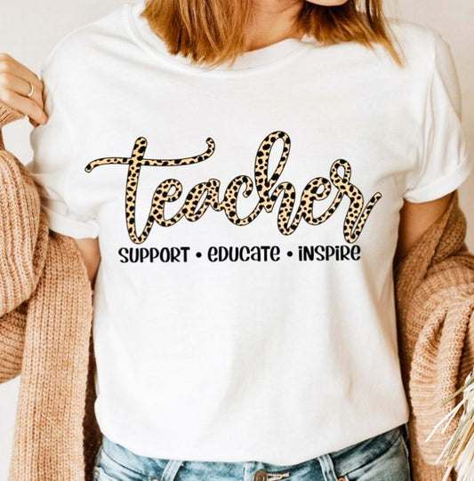 Cheetah Print Teacher Support-Educate-Inspire Tee