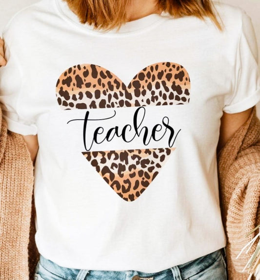 Teacher In Cheetah Print Heart Tee