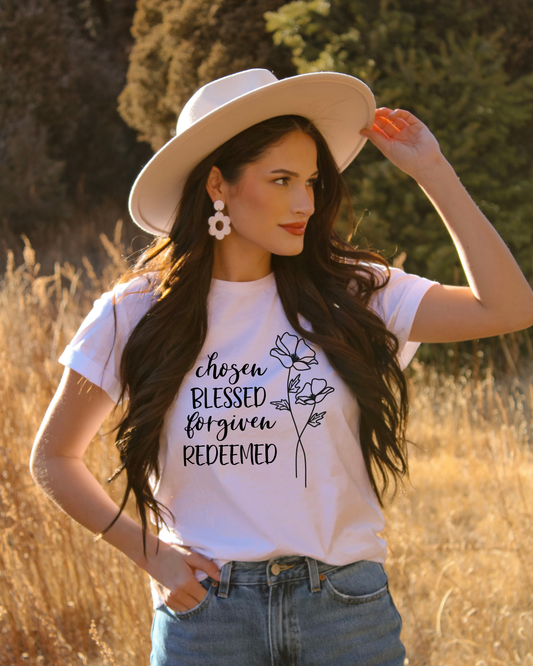 Chosen Blessed Forgiven Redeemed Flower Tee