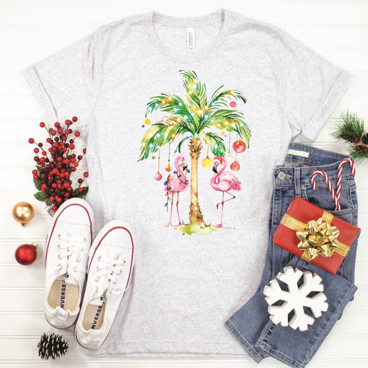 Christmas Palm Tree With Flamingos Tee