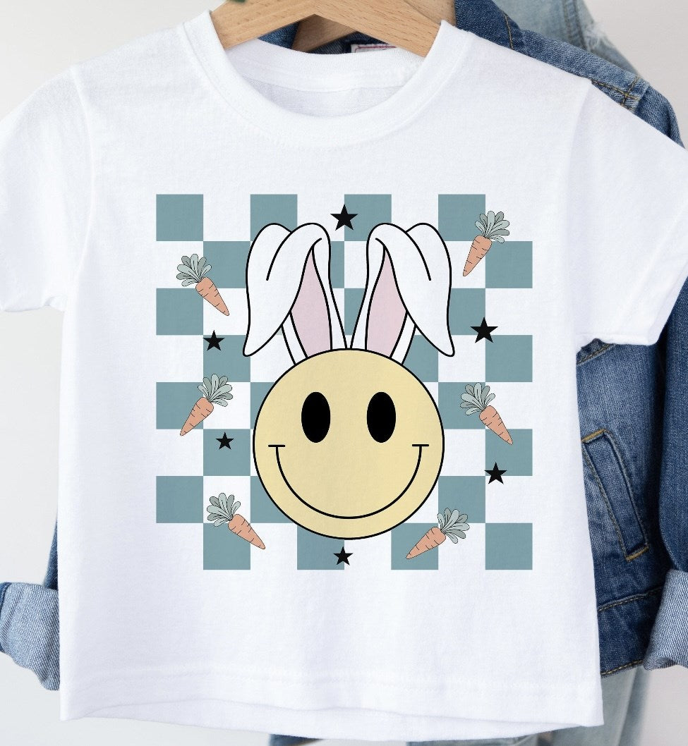 Smiley Face With Bunny Ears & Checker Board Tee