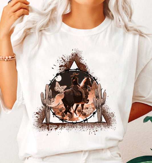 Cowgirl On Horse In The Desert Tee