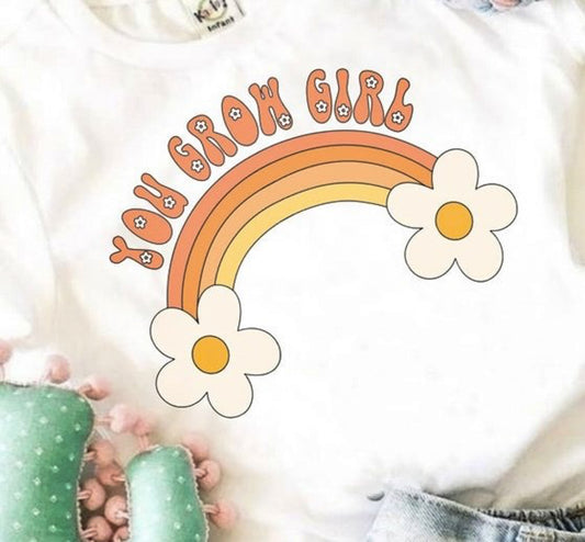 You Grow Girl With Rainbow & Flowers Tee